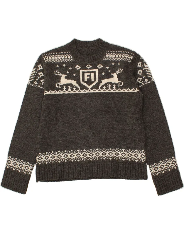 VINTAGE Womens Crop Crew Neck Jumper Sweater US 8 Medium Grey Fair Isle Terry Terry Cloth Terry Knit VINTAGE Womens Crop Crew Neck Jumper Sweater US 8 Medium Grey Fair Isle Terry Terry Cloth Terry Knit