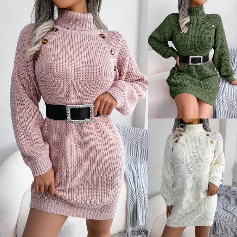 Autumn And Winter European And American Leisure Clinch Turtleneck Long Sleeve Base Sweater Dress Ribbed Striped Patterned Autumn And Winter European And American Leisure Clinch Turtleneck Long Sleeve Base Sweater Dress Ribbed Striped Patterned