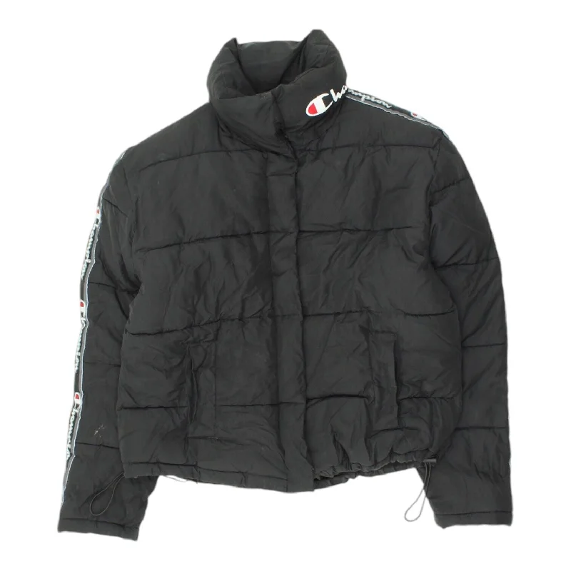 Champion Womens Black Tape Logo Puffer Jacket | Vintage Designer Sportswear Trench Coat Raincoat Waterproof Jacket Champion Womens Black Tape Logo Puffer Jacket | Vintage Designer Sportswear Trench Coat Raincoat Waterproof Jacket
