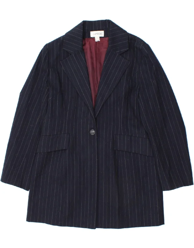 JOHN ROCHA Womens Longline Blazer Jacket UK 12 Medium Navy Blue Pinstripe Embroidered Jacket Appliqued Jacket Beaded Jacket JOHN ROCHA Womens Longline Blazer Jacket UK 12 Medium Navy Blue Pinstripe Embroidered Jacket Appliqued Jacket Beaded Jacket