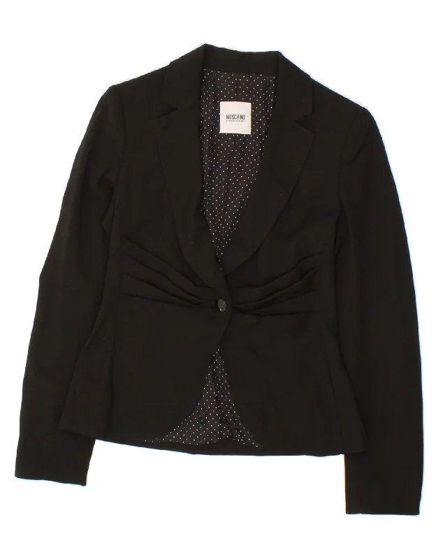 MOSCHINO Womens 1 Button Blazer Jacket UK 6 XS Black Virgin Wool Notch Collar Peter Pan Collar Cowl Neck MOSCHINO Womens 1 Button Blazer Jacket UK 6 XS Black Virgin Wool Notch Collar Peter Pan Collar Cowl Neck