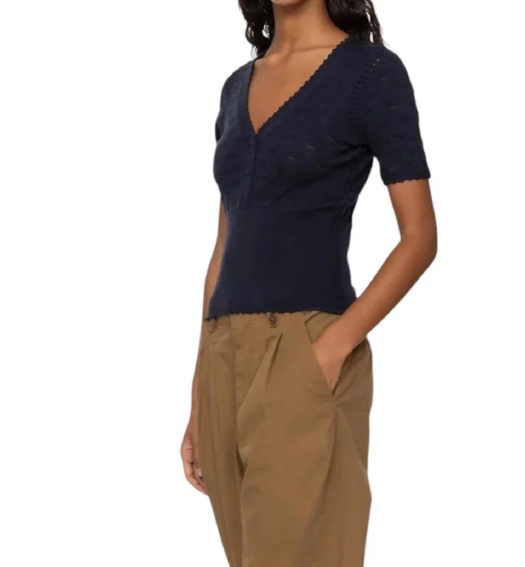 Mila Pointelle V-Neck Sweater In Navy Long Sweater Short Sweater Cropped Sweater