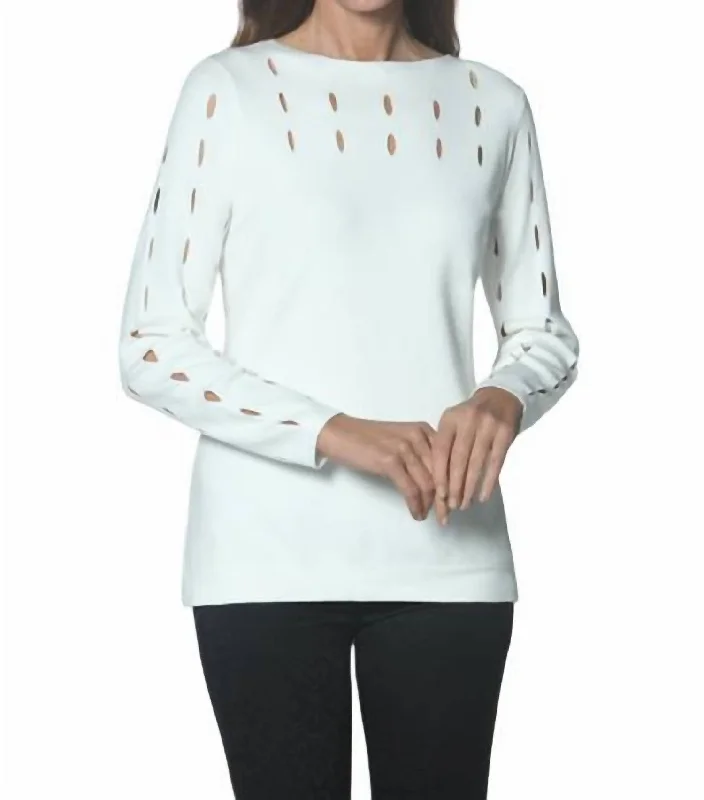Cut-Out Sweater Top In Ivory Satin Blend Silk Blend Wool Blend