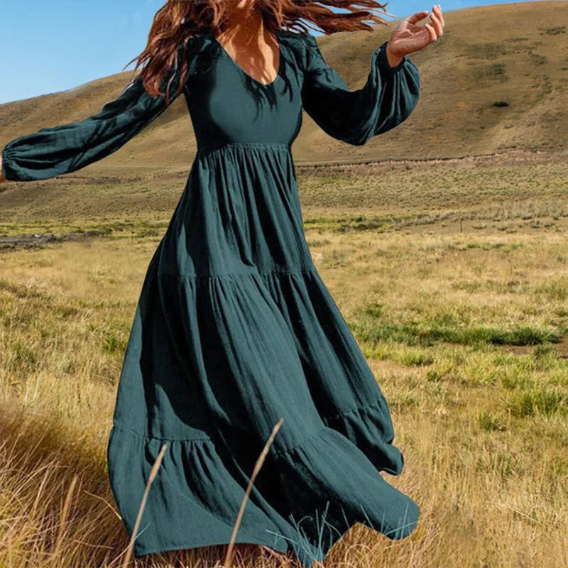 Wjczt outfit Women's Autumn Fashion Street Temperament V-neck High Waist Solid Color Large Swing Dress Tunics Stylish elegant Wjczt outfit Women's Autumn Fashion Street Temperament V-neck High Waist Solid Color Large Swing Dress Tunics Stylish elegant