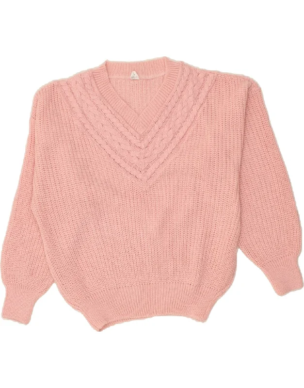 VINTAGE Womens Oversized V-Neck Jumper Sweater EU 40/42 Medium Pink Graphic Sweater Embroidered Appliqued VINTAGE Womens Oversized V-Neck Jumper Sweater EU 40/42 Medium Pink Graphic Sweater Embroidered Appliqued