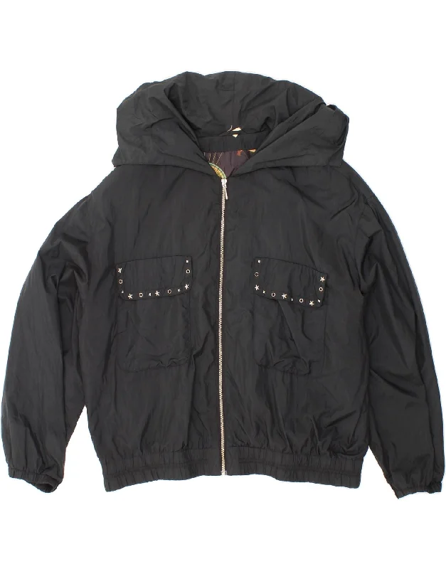 VINTAGE Womens Graphic Hooded Rain Jacket UK 20 2XL Black Polyamide Knit Fabric Woven Fabric Fleece Fabric VINTAGE Womens Graphic Hooded Rain Jacket UK 20 2XL Black Polyamide Knit Fabric Woven Fabric Fleece Fabric