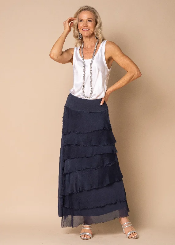 Fifi Silk Skirt in Navy asymmetrical skirt cut