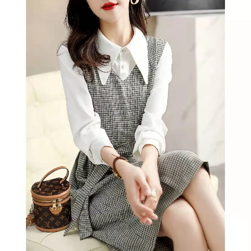 Wjczt business casual outfits for women Autumn New Commuter Elegant Socialite Age-Reducing Stitching Fake Two Pieces Dress Women Tunics Floral girly Wjczt business casual outfits for women Autumn New Commuter Elegant Socialite Age-Reducing Stitching Fake Two Pieces Dress Women Tunics Floral girly