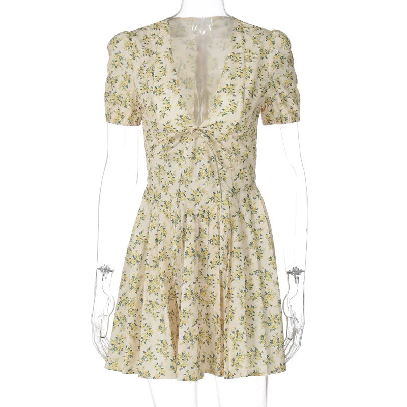 Wjczt birthday outfit French Sweet Style Autumn New Sexy Deep V Thin Waist Short Sleeve Mid Pleated Floral Dress Women Tunics Distressed trendy Wjczt birthday outfit French Sweet Style Autumn New Sexy Deep V Thin Waist Short Sleeve Mid Pleated Floral Dress Women Tunics Distressed trendy
