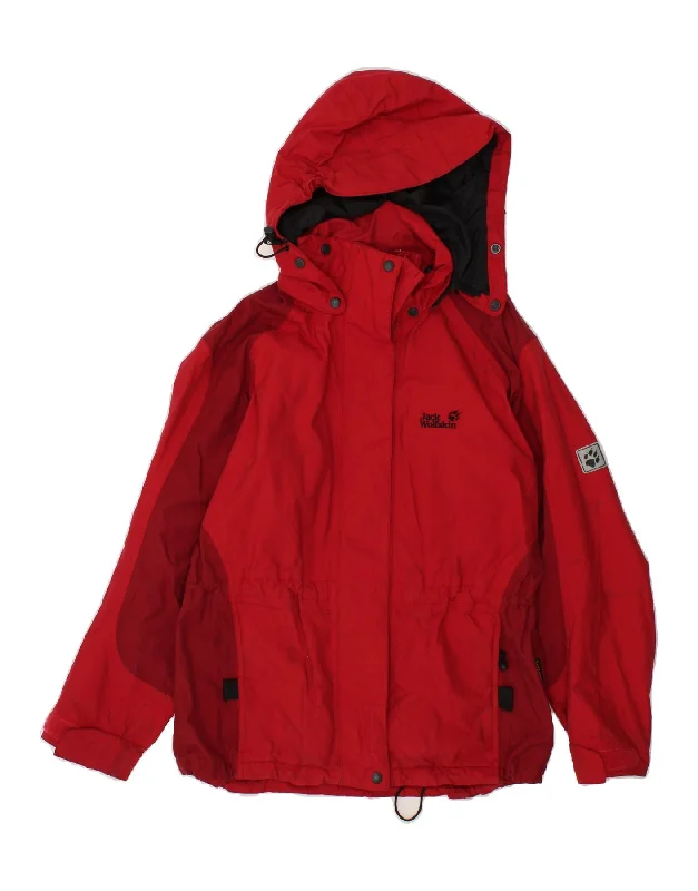 JACK WOLFSKIN Womens Hooded Rain Jacket UK 12 Medium Red Polyamide Tailored Jacket Straight Jacket A-Line Jacket JACK WOLFSKIN Womens Hooded Rain Jacket UK 12 Medium Red Polyamide Tailored Jacket Straight Jacket A-Line Jacket