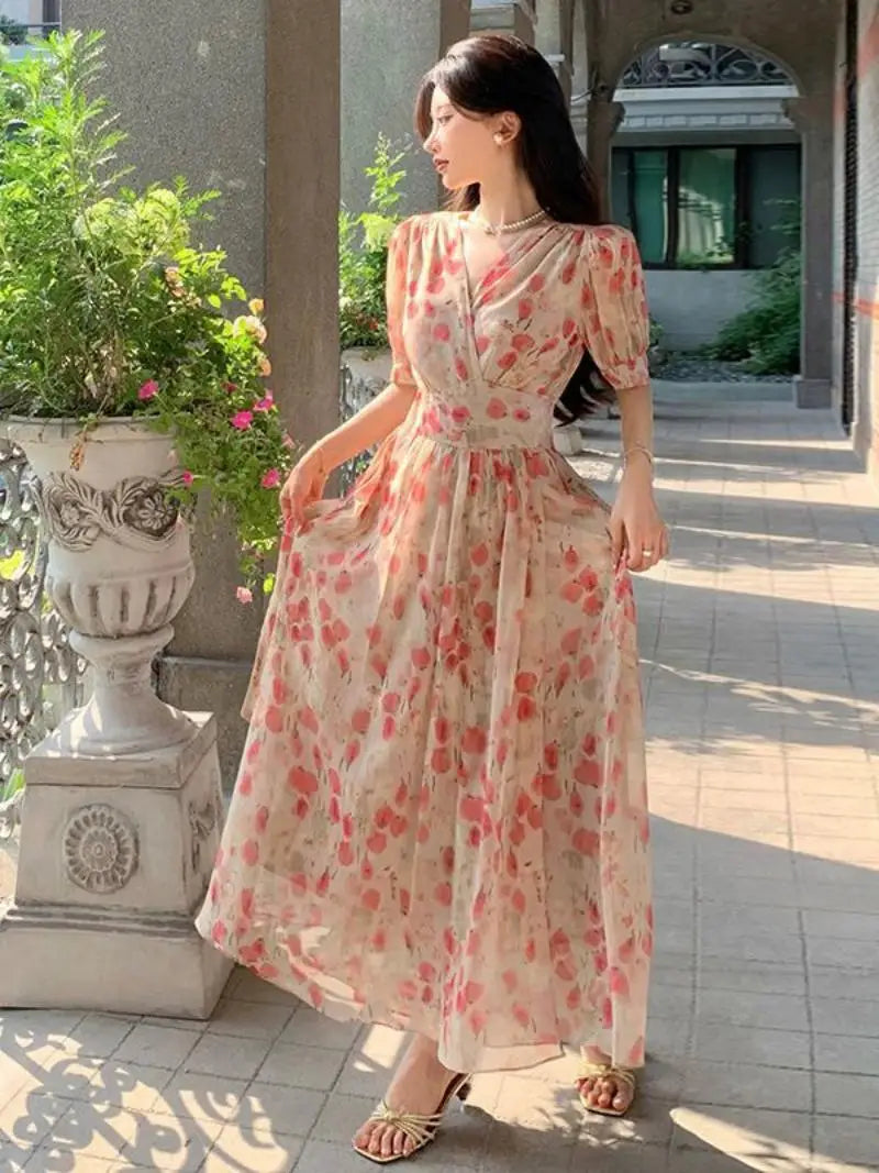 Wjczt Long French V-Neck Dress for Women Fragmented Chiffon Short Sleeve Fairy Waist Tie Up Elegant and High Quality Summer New 2024 Tunics Chinos classic Wjczt Long French V-Neck Dress for Women Fragmented Chiffon Short Sleeve Fairy Waist Tie Up Elegant and High Quality Summer New 2024 Tunics Chinos classic