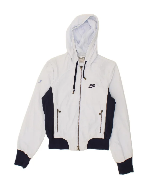 NIKE Womens Hooded Rain Jacket UK 10/12 Medium Blue Colourblock Polyester Snapped Jacket Toggled Jacket Drawstring Jacket NIKE Womens Hooded Rain Jacket UK 10/12 Medium Blue Colourblock Polyester Snapped Jacket Toggled Jacket Drawstring Jacket