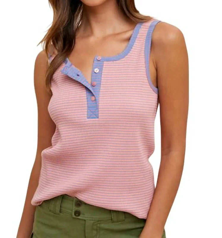Contrast Striped Rib Henley Tank Top In Light Mauve halter tank top