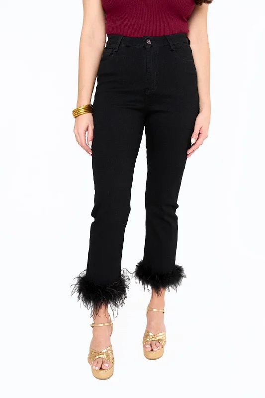 Kyla Feather Trim Pants - Black Relaxed High-Waist Trousers