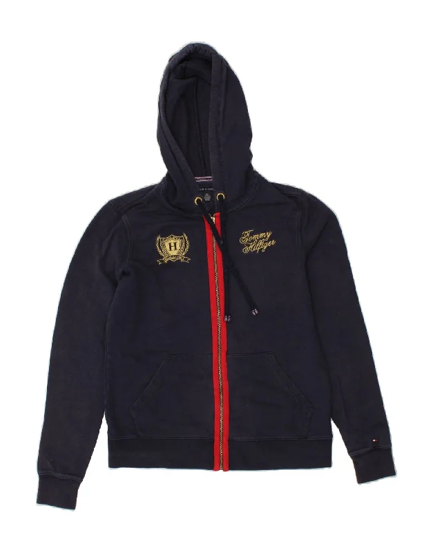 TOMMY HILFIGER Womens Graphic Zip Hoodie Sweater UK 10 Small Navy Blue Modern Contemporary Chic TOMMY HILFIGER Womens Graphic Zip Hoodie Sweater UK 10 Small Navy Blue Modern Contemporary Chic
