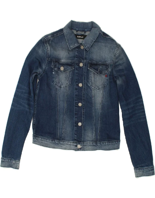 REPLAY Womens Crop Denim Jacket UK 12 Medium Blue Cotton Notch Collar Jacket Peter Pan Collar Jacket Cowl Neck Jacket REPLAY Womens Crop Denim Jacket UK 12 Medium Blue Cotton Notch Collar Jacket Peter Pan Collar Jacket Cowl Neck Jacket