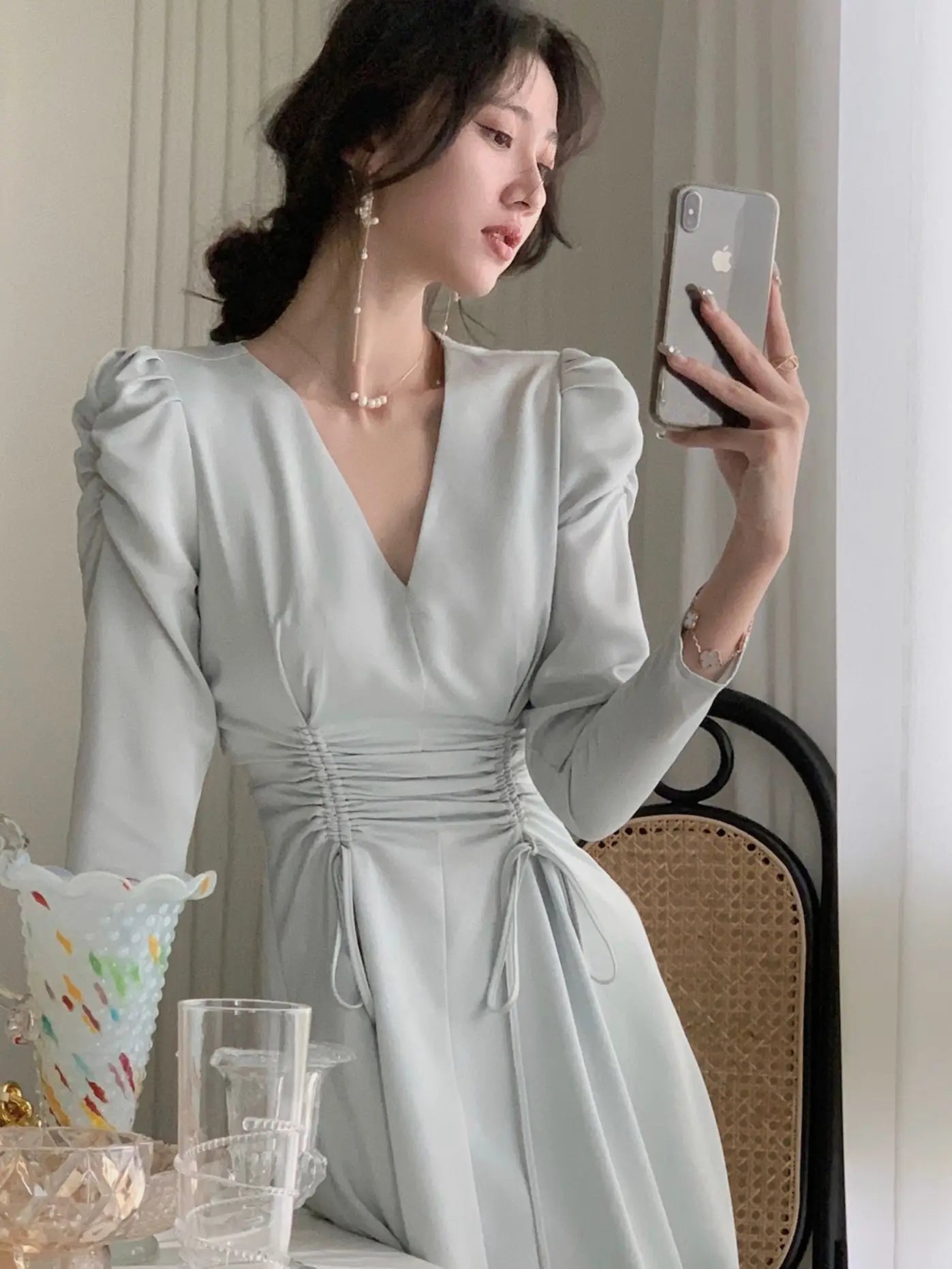 Wjczt Autumn New Women Elegant Midi Satin Dress Long Sleeve Party Vestidos One Piece Drawstring Slim Spring Clothes sweetheart Neckline Romantic