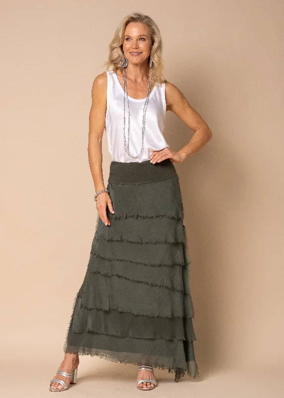 Fifi Silk Skirt in Khaki tiered skirt playful