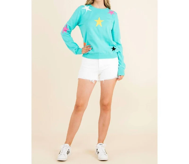 Star Pattern Sweater In Aqua Herringbone Houndstooth Plaid