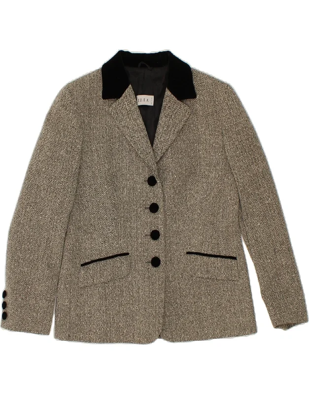 VINTAGE Womens 4 Button Blazer Jacket IT 44 Medium Grey Herringbone Wool Fleece Fabric Down Fabric Feather Fabric VINTAGE Womens 4 Button Blazer Jacket IT 44 Medium Grey Herringbone Wool Fleece Fabric Down Fabric Feather Fabric
