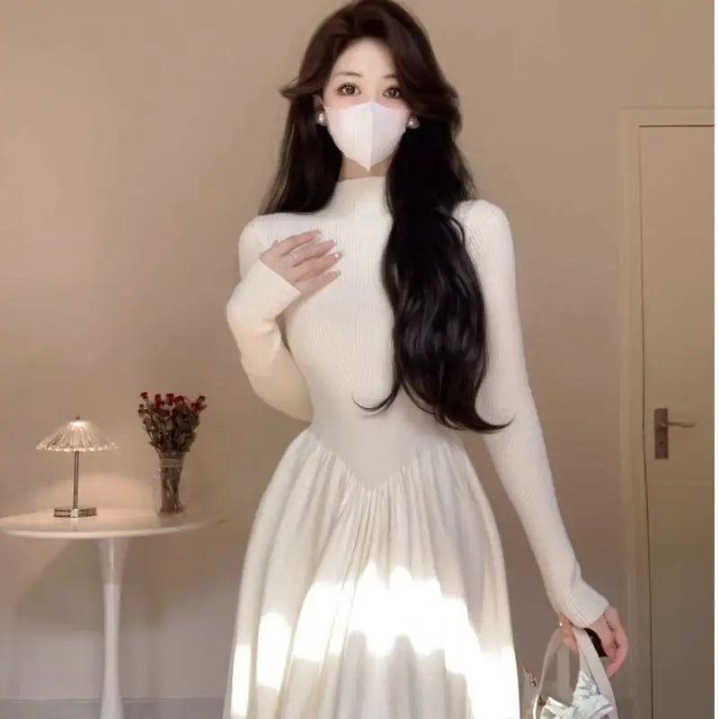 Wjczt Knitted Women Dresses Solid Autumn Winter Basics Elegant Vestidos Mujer Korean Fashion A-line Mock Neck Long Dress A-Line Day Work Wjczt Knitted Women Dresses Solid Autumn Winter Basics Elegant Vestidos Mujer Korean Fashion A-line Mock Neck Long Dress A-Line Day Work