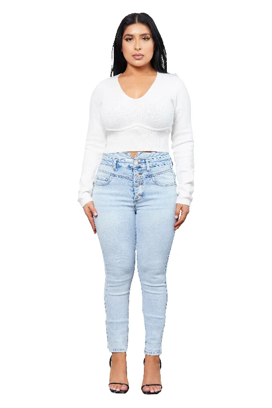 High Rise V Yoke Button Fly Skinny Denim Pants Fashionable Jogger Pants