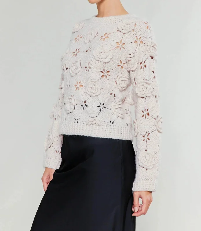 Pull Over Crochet Sweater In Ivory Cable Knit Ribbed Knit Lace Knit