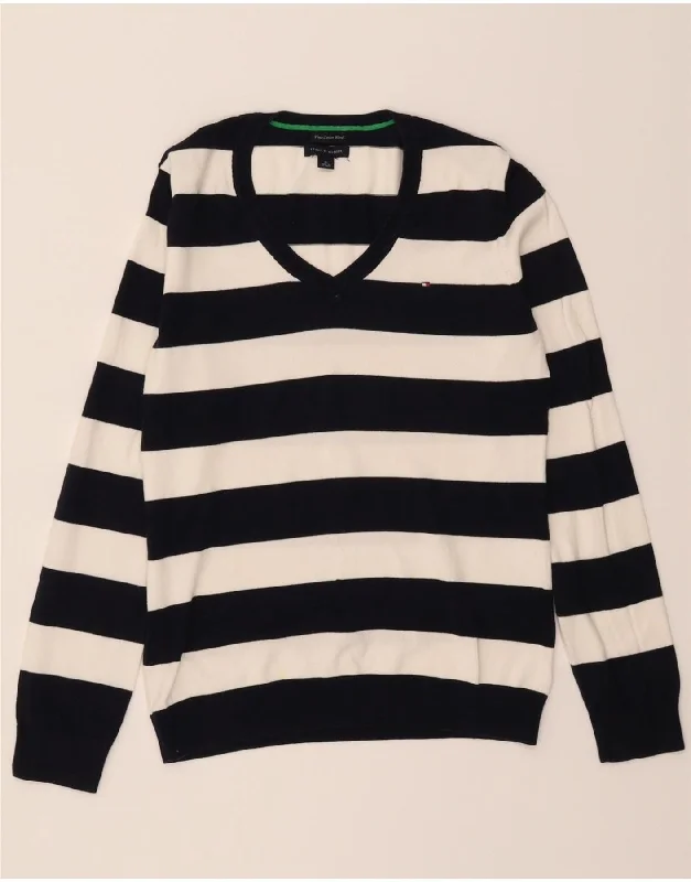 TOMMY HILFIGER Womens V-Neck Jumper Sweater UK 14 Medium Navy Blue Striped Handmade Hand-knitted Hand-woven TOMMY HILFIGER Womens V-Neck Jumper Sweater UK 14 Medium Navy Blue Striped Handmade Hand-knitted Hand-woven