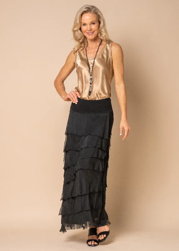 Fifi Silk Skirt in Onyx button skirt front