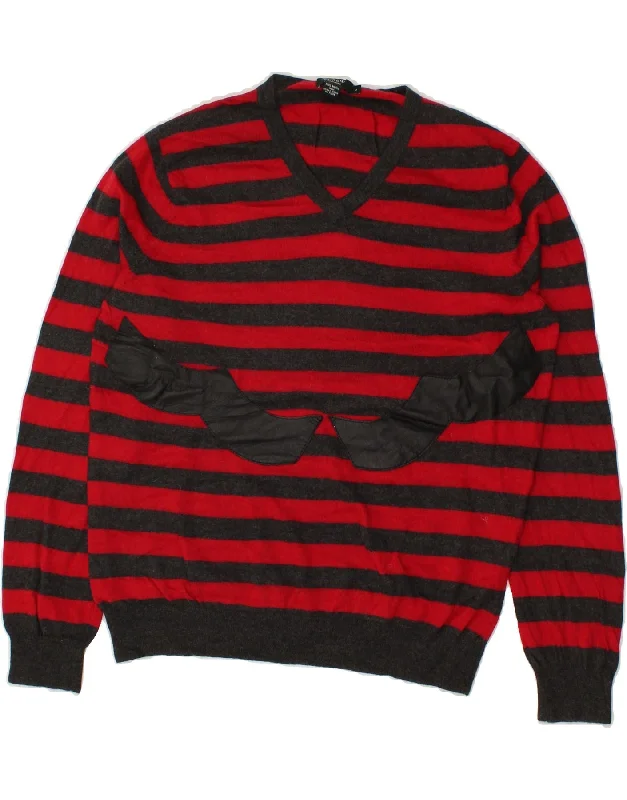 J. CREW Womens V-Neck Jumper Sweater UK 16 Large Red Striped Merino Wool Fitted Slim Tailored J. CREW Womens V-Neck Jumper Sweater UK 16 Large Red Striped Merino Wool Fitted Slim Tailored