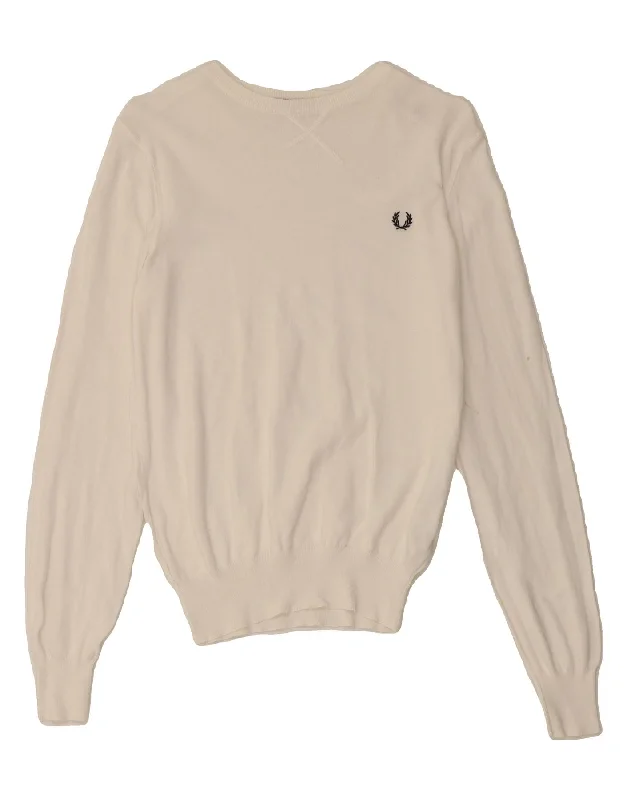 FRED PERRY Womens Boat Neck Jumper Sweater UK 14 Large White Cotton Denim Fabric Leather Fabric Suede Fabric FRED PERRY Womens Boat Neck Jumper Sweater UK 14 Large White Cotton Denim Fabric Leather Fabric Suede Fabric