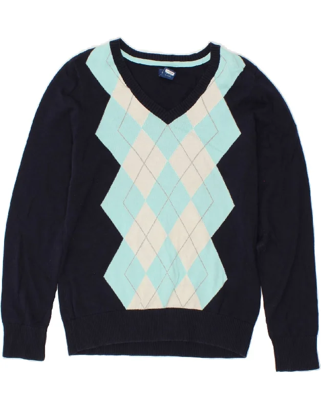 IZOD Womens V-Neck Jumper Sweater UK 14 Medium Navy Blue Argyle/Diamond Embroidered Appliqued Beaded IZOD Womens V-Neck Jumper Sweater UK 14 Medium Navy Blue Argyle/Diamond Embroidered Appliqued Beaded