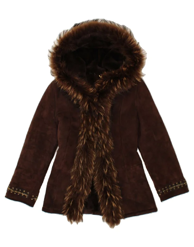 VINTAGE Womens Hooded Shearling Jacket UK 12 Medium Brown Striped Jacket Polka Dot Jacket Floral Jacket VINTAGE Womens Hooded Shearling Jacket UK 12 Medium Brown Striped Jacket Polka Dot Jacket Floral Jacket