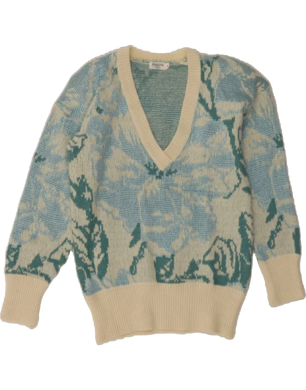 VINTAGE Womens V-Neck Jumper Sweater EU 38 Medium Blue Floral Polyester Sequined Glittery Shiny VINTAGE Womens V-Neck Jumper Sweater EU 38 Medium Blue Floral Polyester Sequined Glittery Shiny