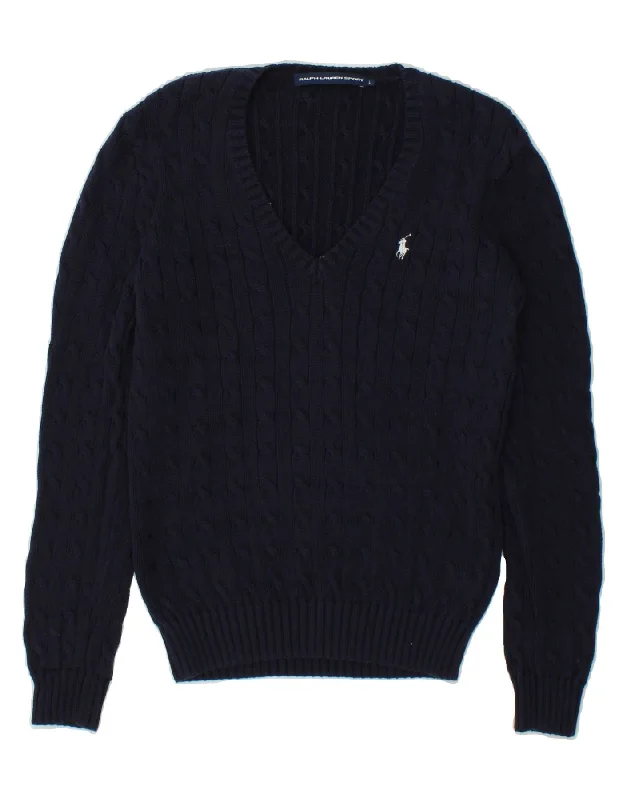 RALPH LAUREN Womens V-Neck Jumper Sweater UK 14 Large Navy Blue Cotton Wool Fabric Cashmere Fabric Tweed Fabric RALPH LAUREN Womens V-Neck Jumper Sweater UK 14 Large Navy Blue Cotton Wool Fabric Cashmere Fabric Tweed Fabric