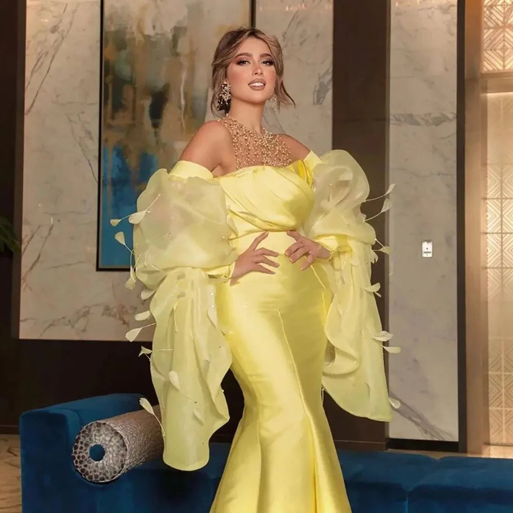 Wjczt Luxury Pearls Dubai Arabic O-Neck Evening Dress Mermaid Long Puff Sleeves Formal Prom Wedding Party Gown for Women Tunics Fashionable trendy Wjczt Luxury Pearls Dubai Arabic O-Neck Evening Dress Mermaid Long Puff Sleeves Formal Prom Wedding Party Gown for Women Tunics Fashionable trendy