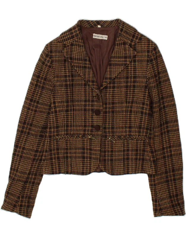 VINTAGE Womens 3 Button Crop Blazer Jacket IT 42 Medium Brown Houndstooth Cotton Fabric Linen Fabric Terry Fabric VINTAGE Womens 3 Button Crop Blazer Jacket IT 42 Medium Brown Houndstooth Cotton Fabric Linen Fabric Terry Fabric