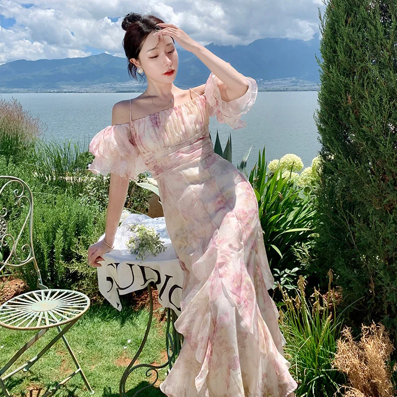 Wjczt buisnesscore outfit women Elegant off-Shoulder Bubble Sleeve Chiffon Floral Strap Dress Summer Niche Design Slimming Dress Halter Neckline Beach Wjczt buisnesscore outfit women Elegant off-Shoulder Bubble Sleeve Chiffon Floral Strap Dress Summer Niche Design Slimming Dress Halter Neckline Beach