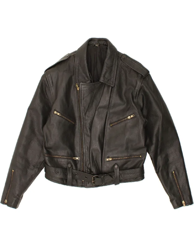 VINTAGE Womens Leather Racer Jacket UK 14 Medium Black Leather Zip Front Button Front Snap Front VINTAGE Womens Leather Racer Jacket UK 14 Medium Black Leather Zip Front Button Front Snap Front
