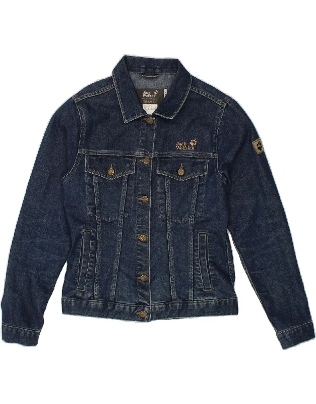 JACK WOLFSKIN Womens Graphic Denim Jacket UK 14 Medium Blue Cotton Stand-Up Collar Roll-Neck Collar Turtle Neck JACK WOLFSKIN Womens Graphic Denim Jacket UK 14 Medium Blue Cotton Stand-Up Collar Roll-Neck Collar Turtle Neck