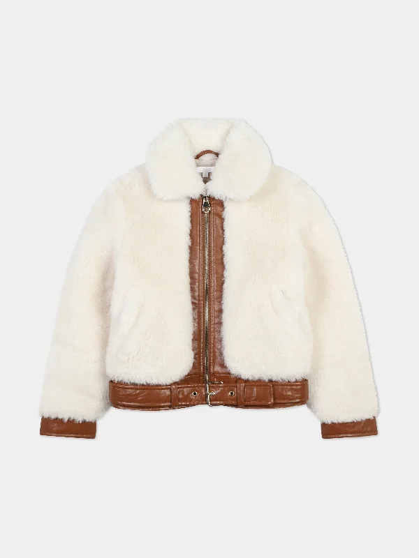 Chloé Girls Faux Shearling Jacket in Ivory Hooded Jacket Caped Jacket Shawl Collar Jacket Chloé Girls Faux Shearling Jacket in Ivory Hooded Jacket Caped Jacket Shawl Collar Jacket