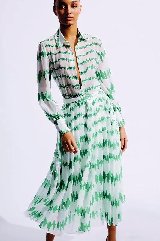 Reneta Silk Pleated Skirt | White & Green velvet skirt sumptuous