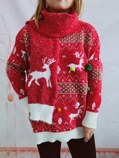 Xmas Element Round Neck Sweater and Scarf Set Fleece Fabric Down Fabric Feather Fabric Xmas Element Round Neck Sweater and Scarf Set Fleece Fabric Down Fabric Feather Fabric