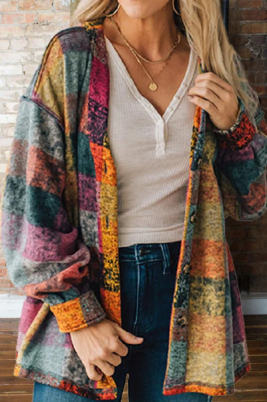 Stylish Western Multicolor Plaid Loose Jacket Zippered Front Buttoned Front Snap Front Stylish Western Multicolor Plaid Loose Jacket Zippered Front Buttoned Front Snap Front