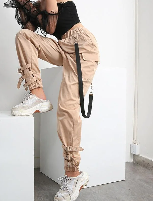 High Waist Side Strap Ankle Straps Loose Cargo Pants Chic Wool Trousers