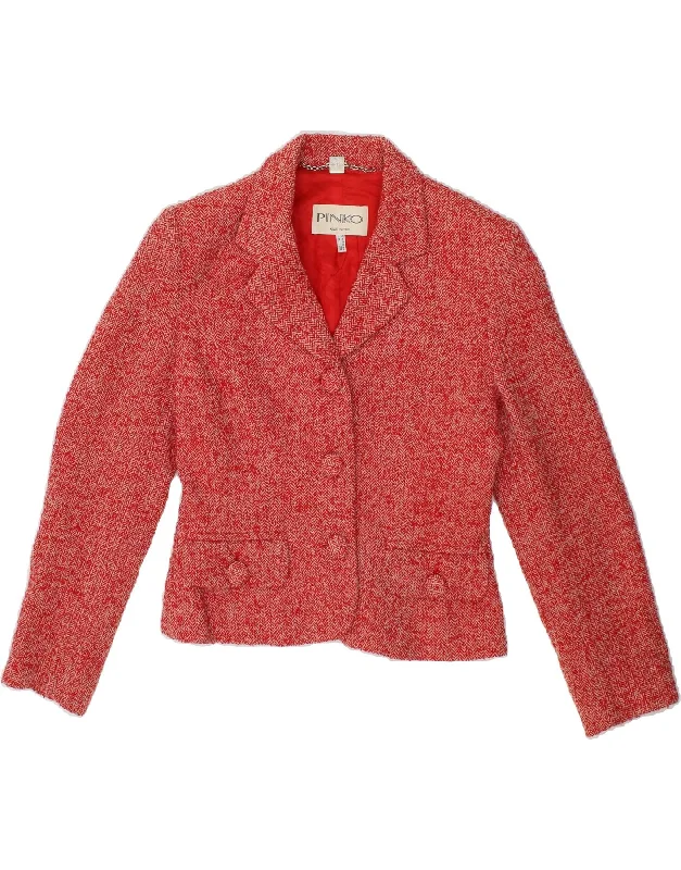 PINKO Womens Crop 3 Button Blazer Jacket UK 8 Small Red Herringbone Wool Zippered Front Buttoned Front Snap Front PINKO Womens Crop 3 Button Blazer Jacket UK 8 Small Red Herringbone Wool Zippered Front Buttoned Front Snap Front