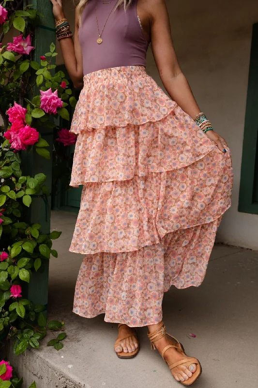 The Nest Tiers Of Joy Ruffle Maxi Skirt - Pink lace skirt intricate