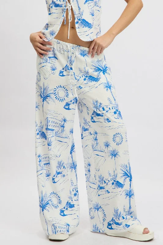 Blue Abstract Wide Leg Pants High Rise Soft Cotton Pants