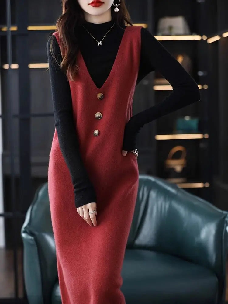 Wjczt Medium to Long Vest Dress Women's New Autumn and Winter Vest Skirt Loose Knit Sleeveless V-neck Fur Dress Versatile Crew Neckline Casual Wjczt Medium to Long Vest Dress Women's New Autumn and Winter Vest Skirt Loose Knit Sleeveless V-neck Fur Dress Versatile Crew Neckline Casual