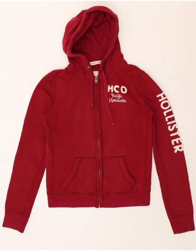 HOLLISTER Womens Graphic Zip Hoodie Sweater UK 14 Medium Burgundy Cotton Neon Metallic Matte HOLLISTER Womens Graphic Zip Hoodie Sweater UK 14 Medium Burgundy Cotton Neon Metallic Matte